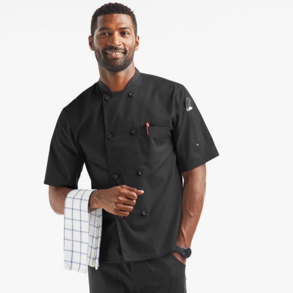 NWT! LIGHTWEIGHT Men's Black Double Breasted Chef Coat w/ Plastic Buttons, L